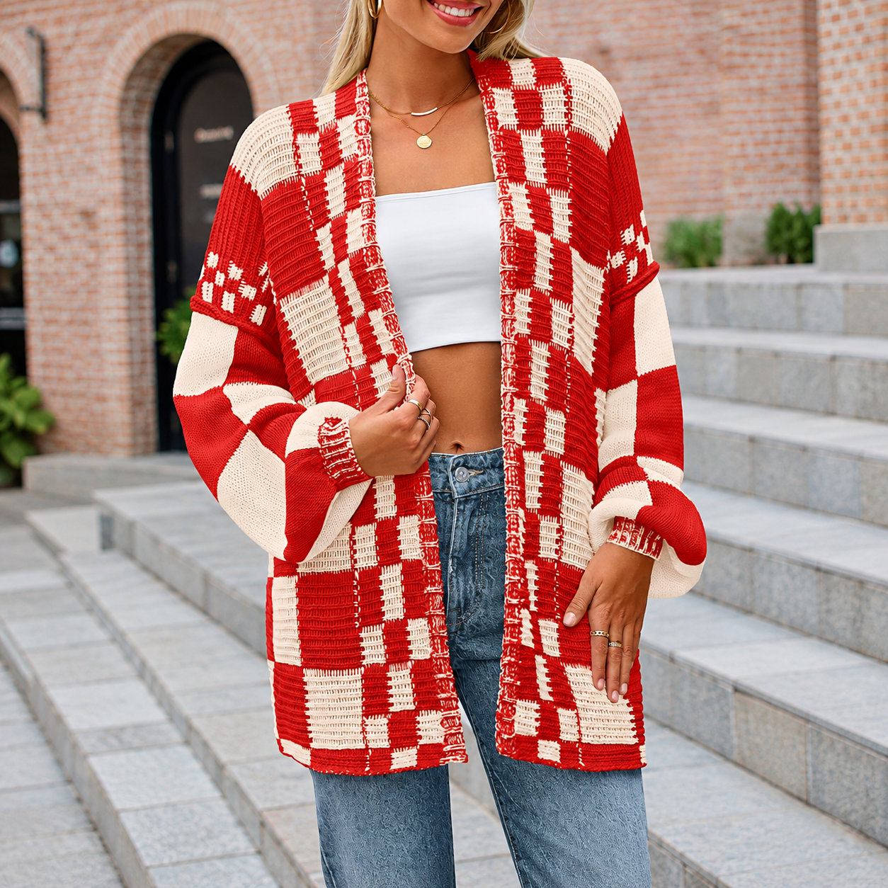 Casual Long Sleeve Checkered Chunky Cardigan For Women