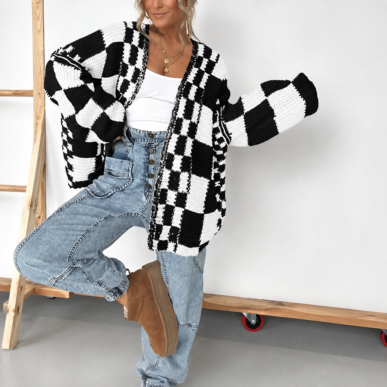 Casual Long Sleeve Checkered Chunky Cardigan For Women