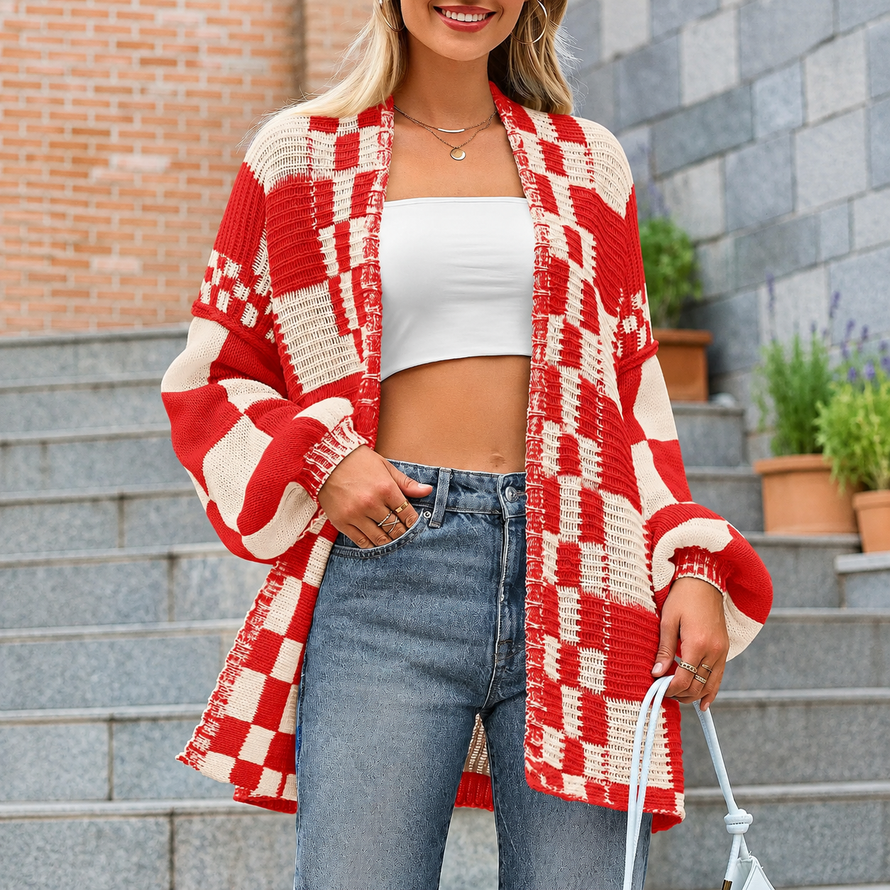 Casual Long Sleeve Checkered Chunky Cardigan For Women