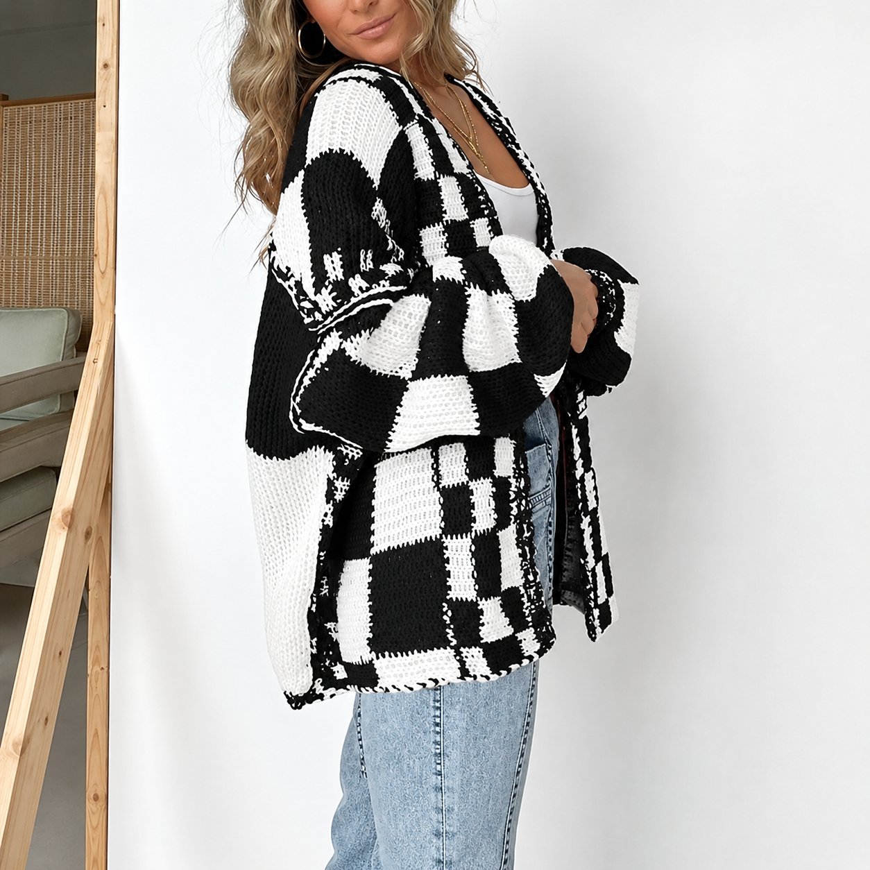 Casual Long Sleeve Checkered Chunky Cardigan For Women