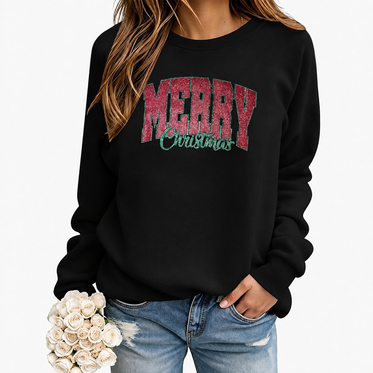 Festive Letter Christmas Pullover Sweatshirt for Women