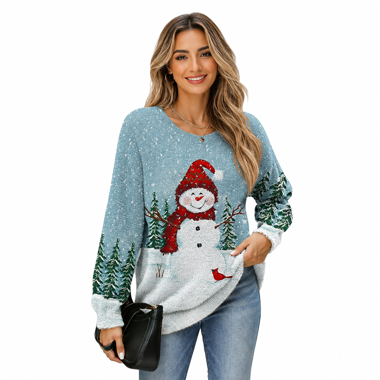 Christmas Graphic Fuzzy Knit Oversized Pullover Sweater For Women