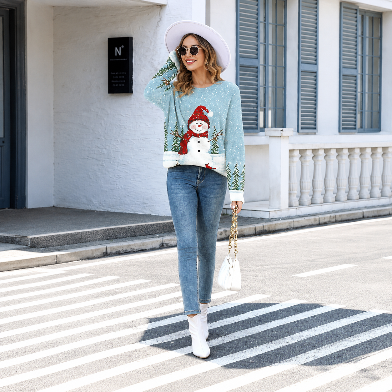 Christmas Graphic Fuzzy Knit Oversized Pullover Sweater For Women