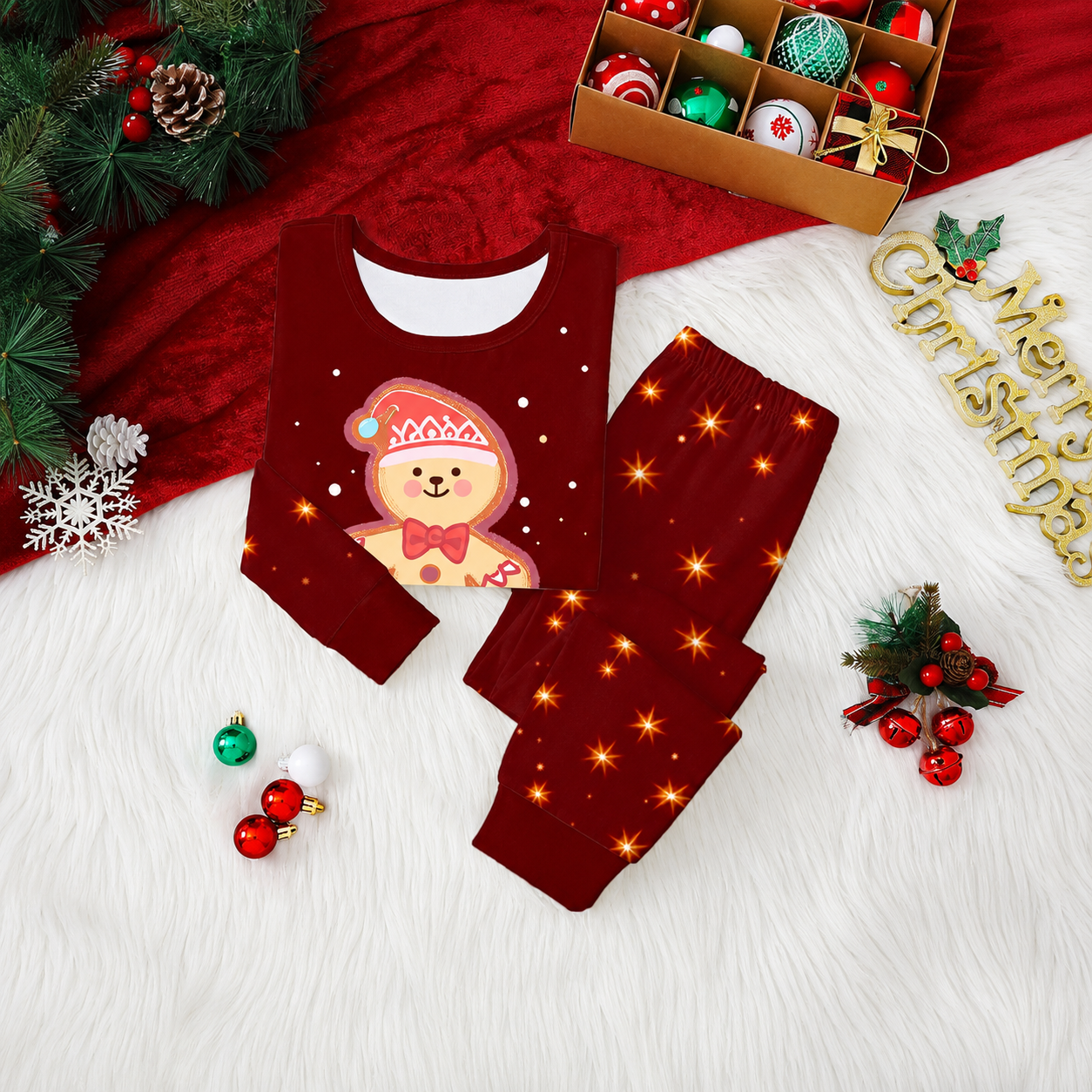 Gingerbread Print 2 Piece Christmas Loungewear Set for Girls