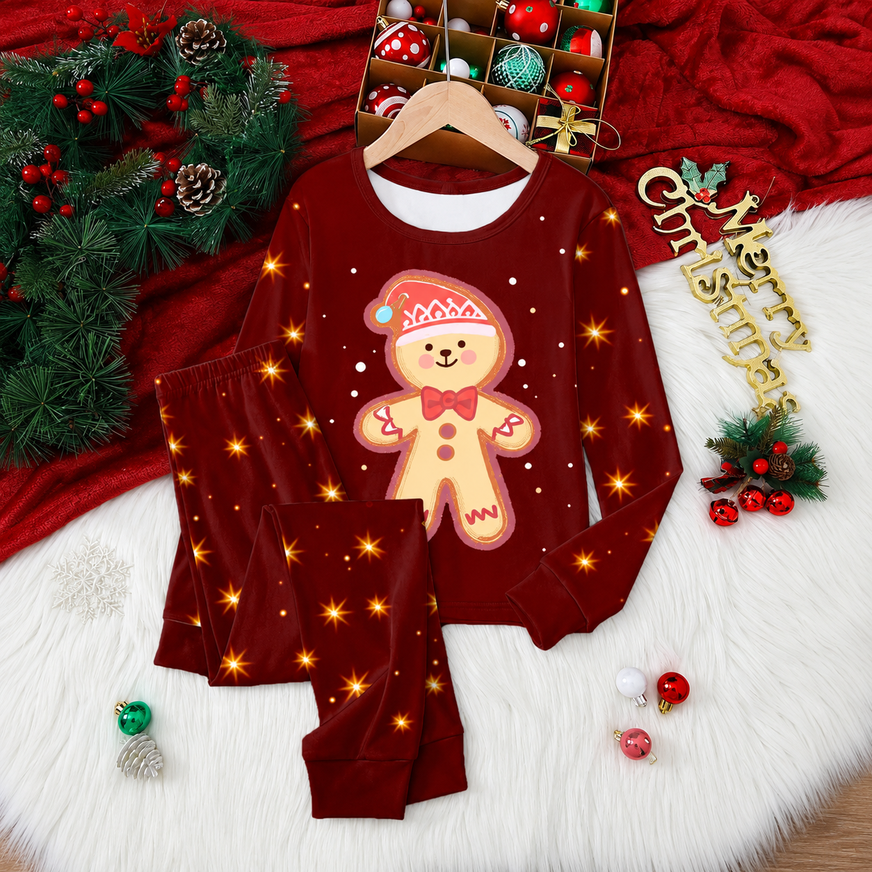 Gingerbread Print 2 Piece Christmas Loungewear Set for Girls