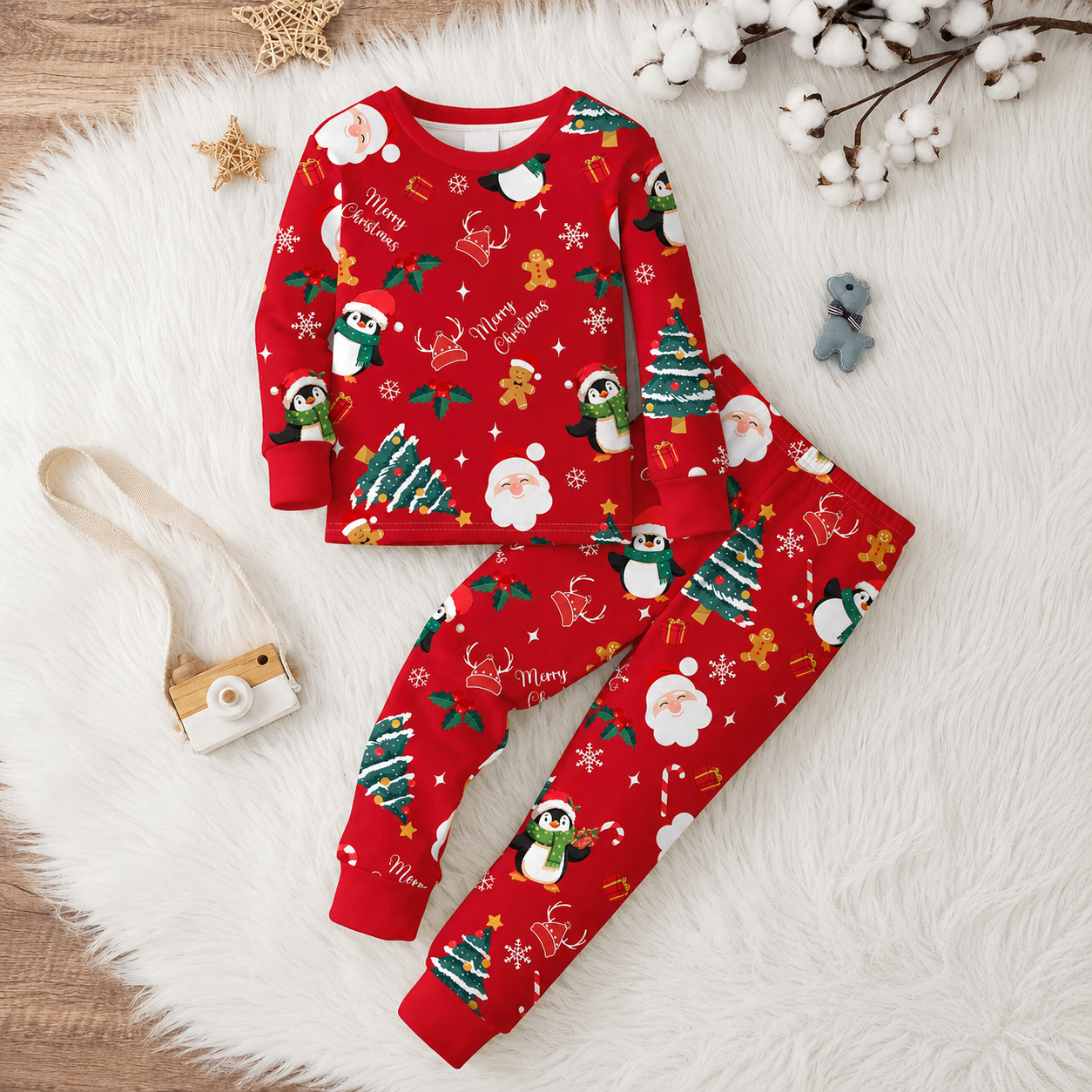 2 Piece Festive Christmas Character Print With Snug Fit Pajama Set for Boys