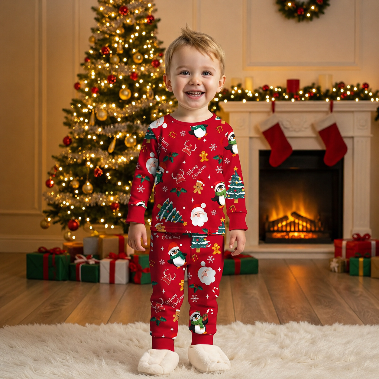 2 Piece Festive Christmas Character Print With Snug Fit Pajama Set for Boys