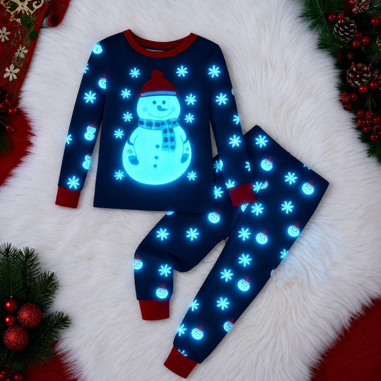 Glow in the Dark Snowman and Snowflake Christmas Pajama Set for Infant Boys
