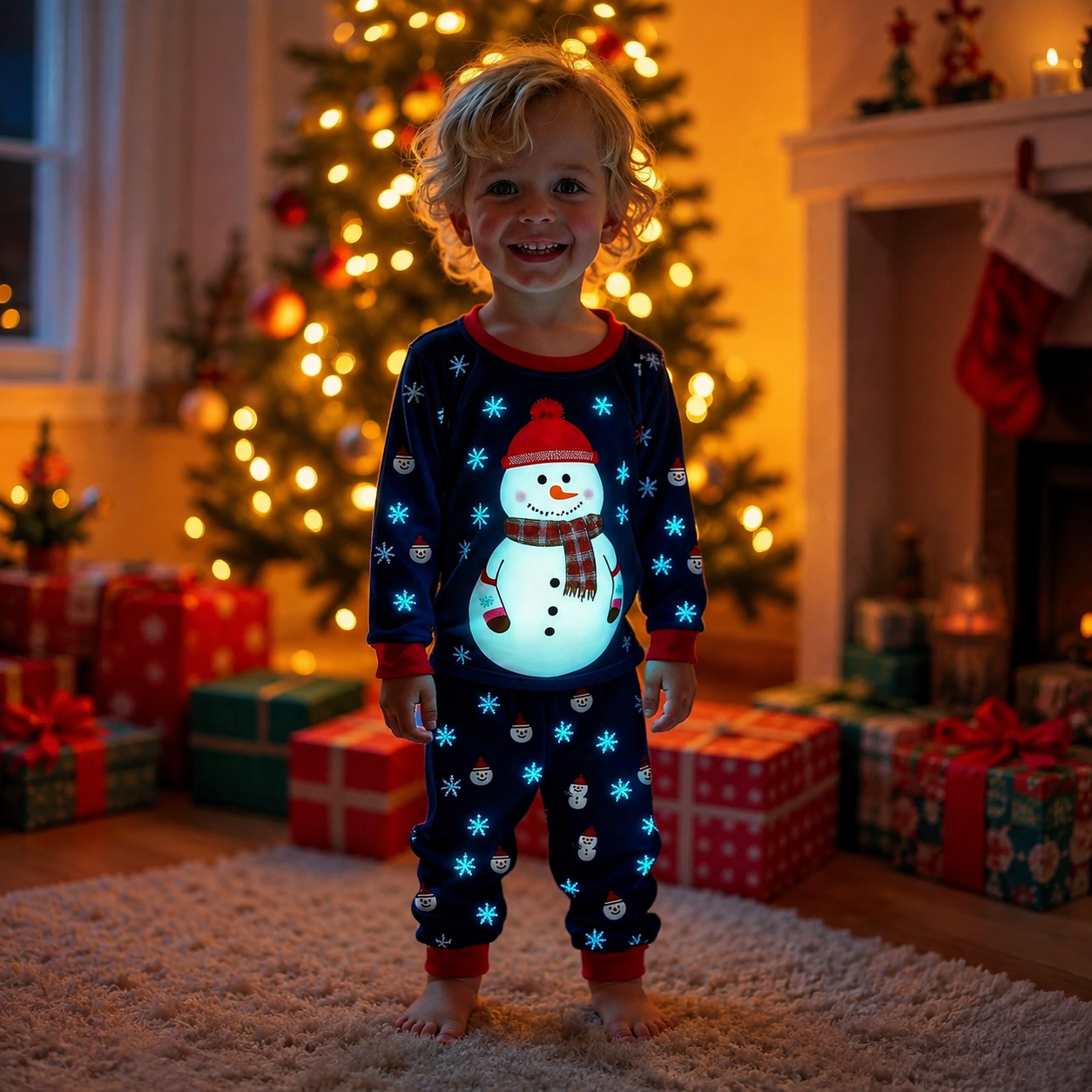 Glow in the Dark Snowman and Snowflake Christmas Pajama Set for Infant Boys