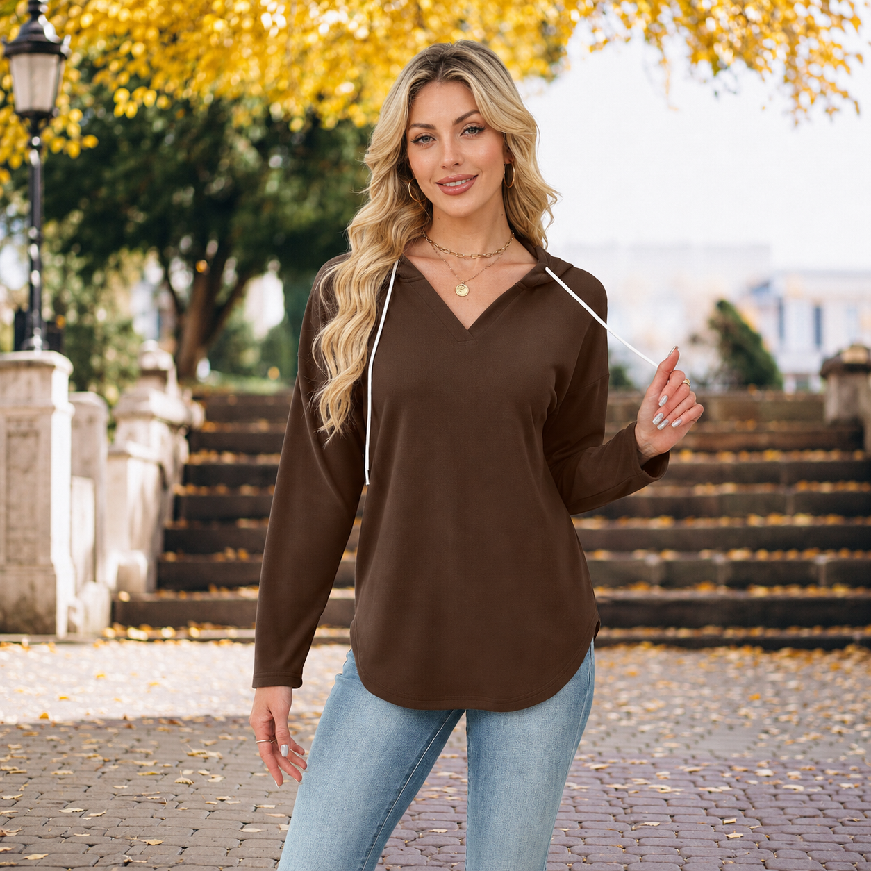 Drawstring Hooded Casual Tunic Sweatshirt for Women