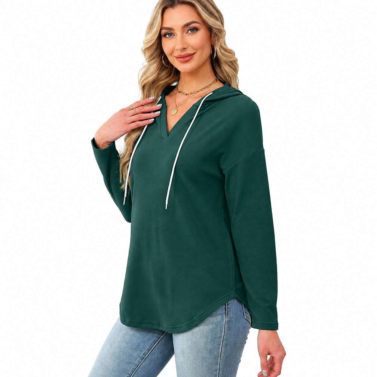 Drawstring Hooded Casual Tunic Sweatshirt for Women