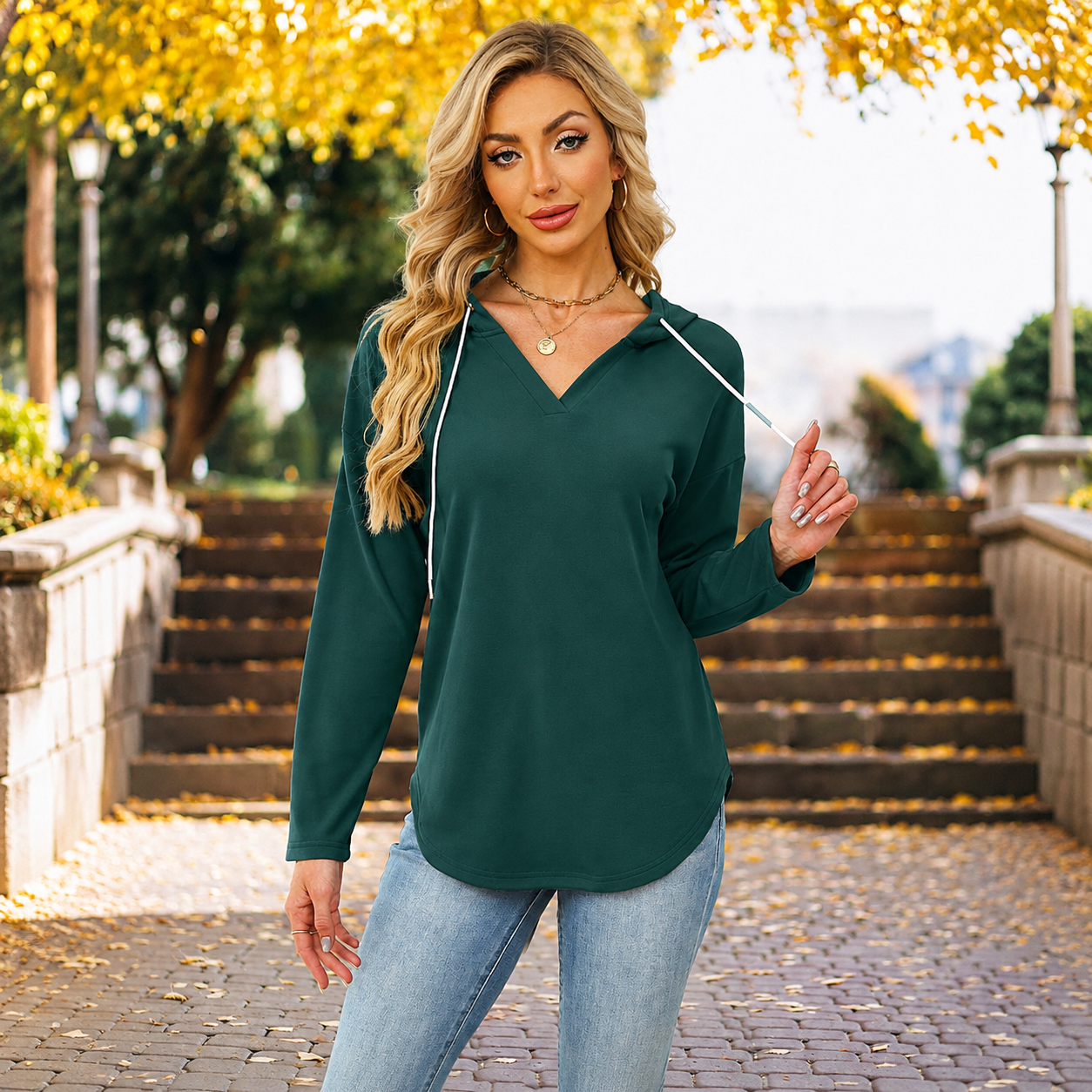 Drawstring Hooded Casual Tunic Sweatshirt for Women