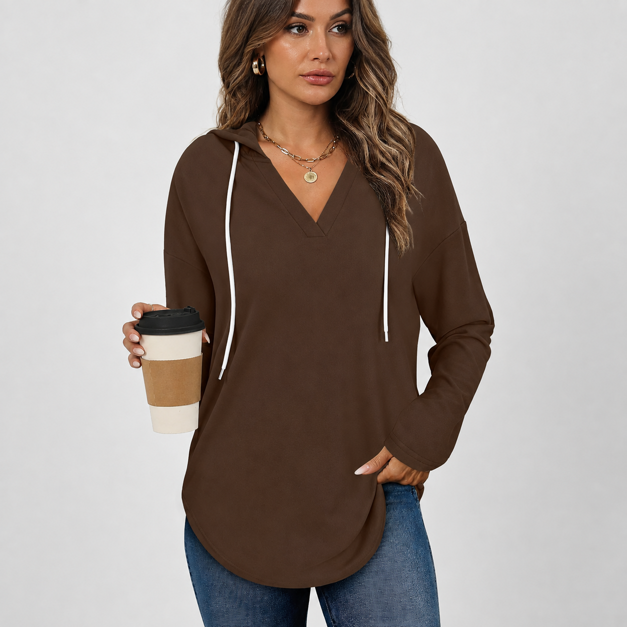 Drawstring Hooded Casual Tunic Sweatshirt for Women
