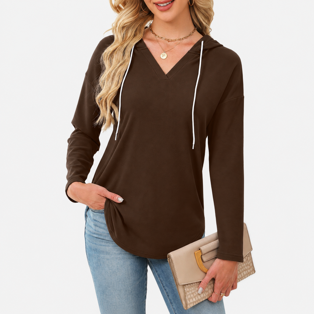 Drawstring Hooded Casual Tunic Sweatshirt for Women