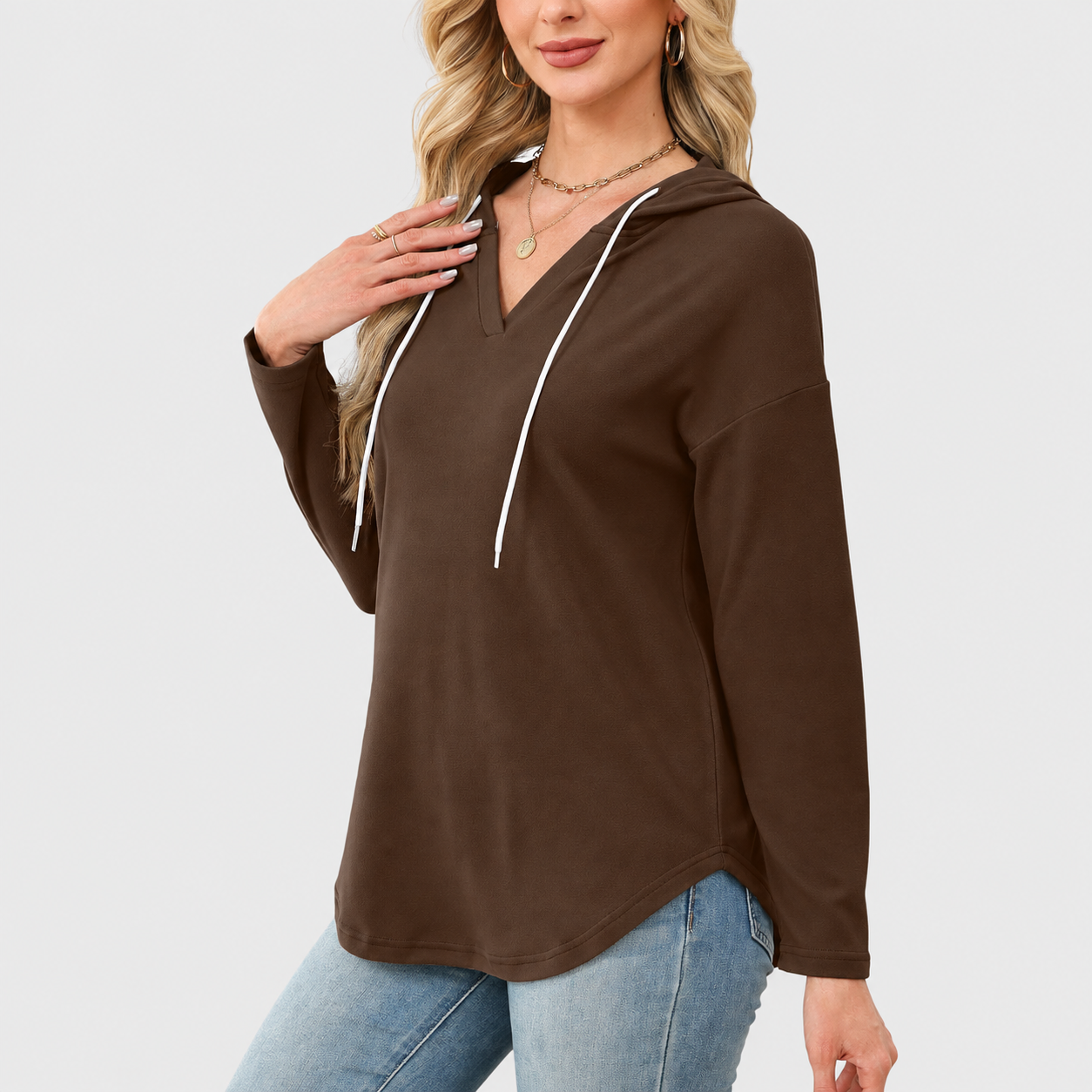 Drawstring Hooded Casual Tunic Sweatshirt for Women
