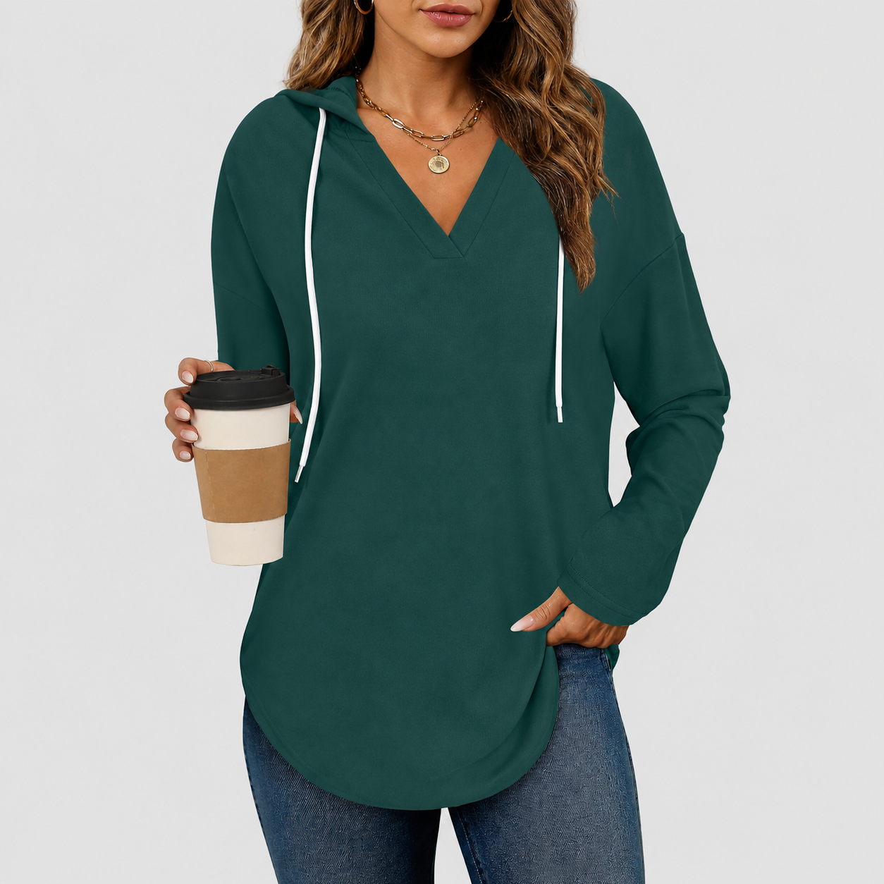Drawstring Hooded Casual Tunic Sweatshirt for Women