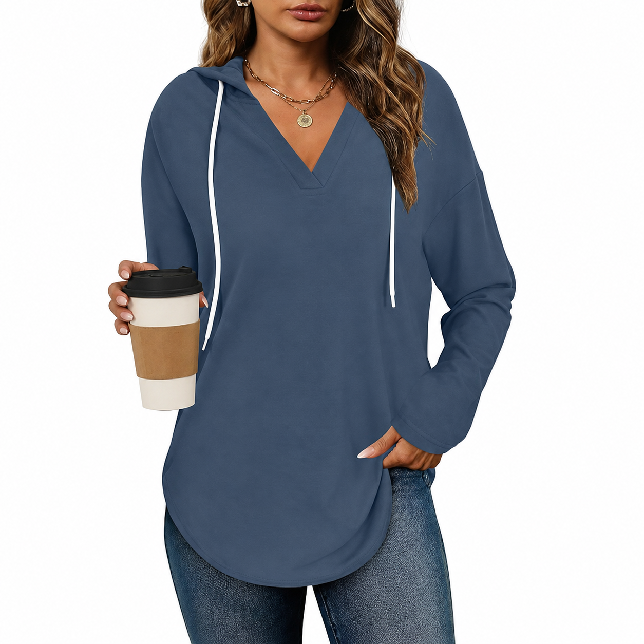 Drawstring Hooded Casual Tunic Sweatshirt for Women