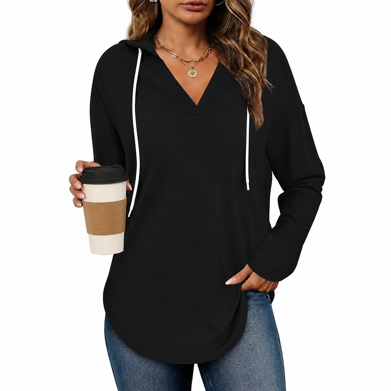 Drawstring Hooded Casual Tunic Sweatshirt for Women
