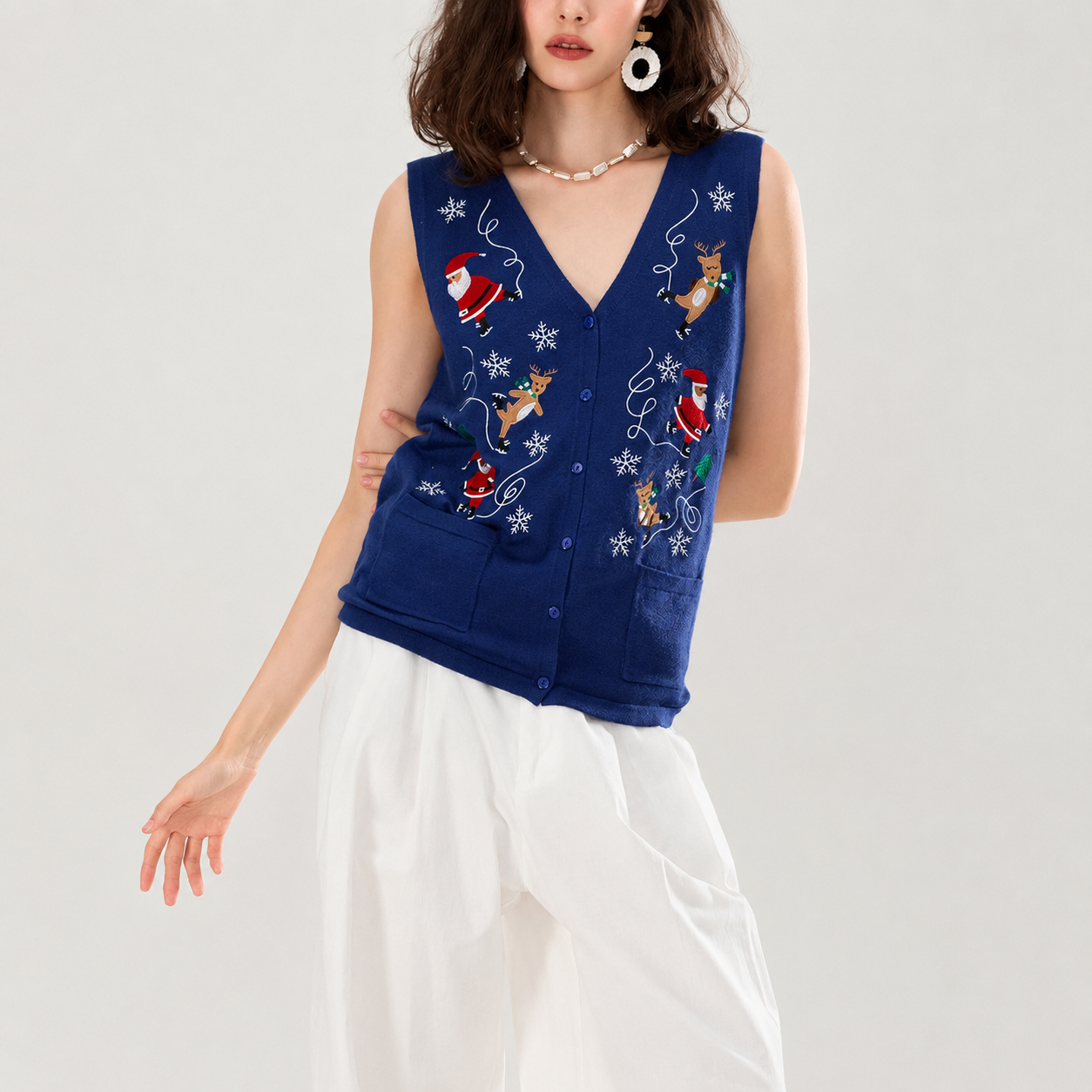 Sleeveless Embroidery Sweater Vest With Button For Women