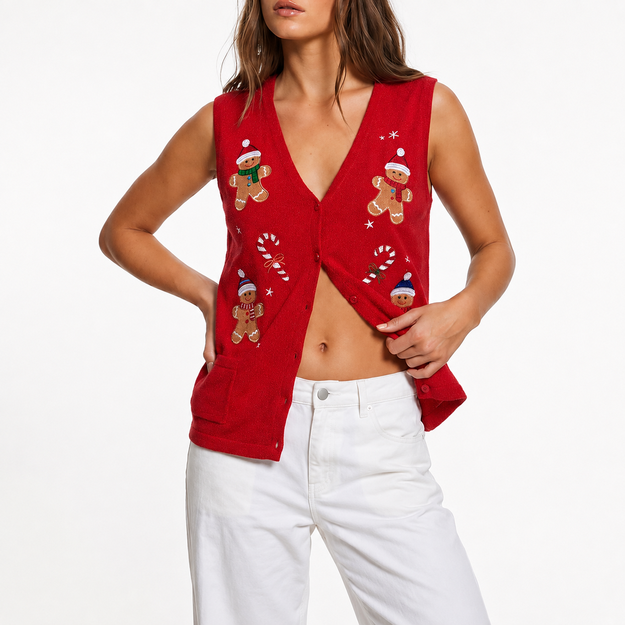 Sleeveless Embroidery Sweater Vest With Button For Women