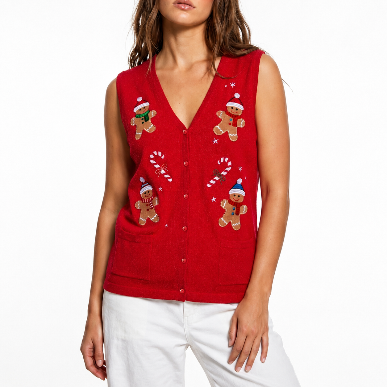 Sleeveless Embroidery Sweater Vest With Button For Women