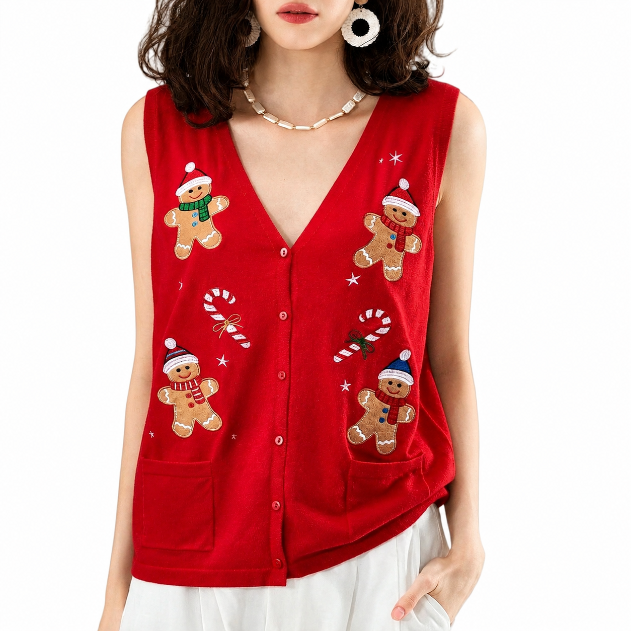 Sleeveless Embroidery Sweater Vest With Button For Women