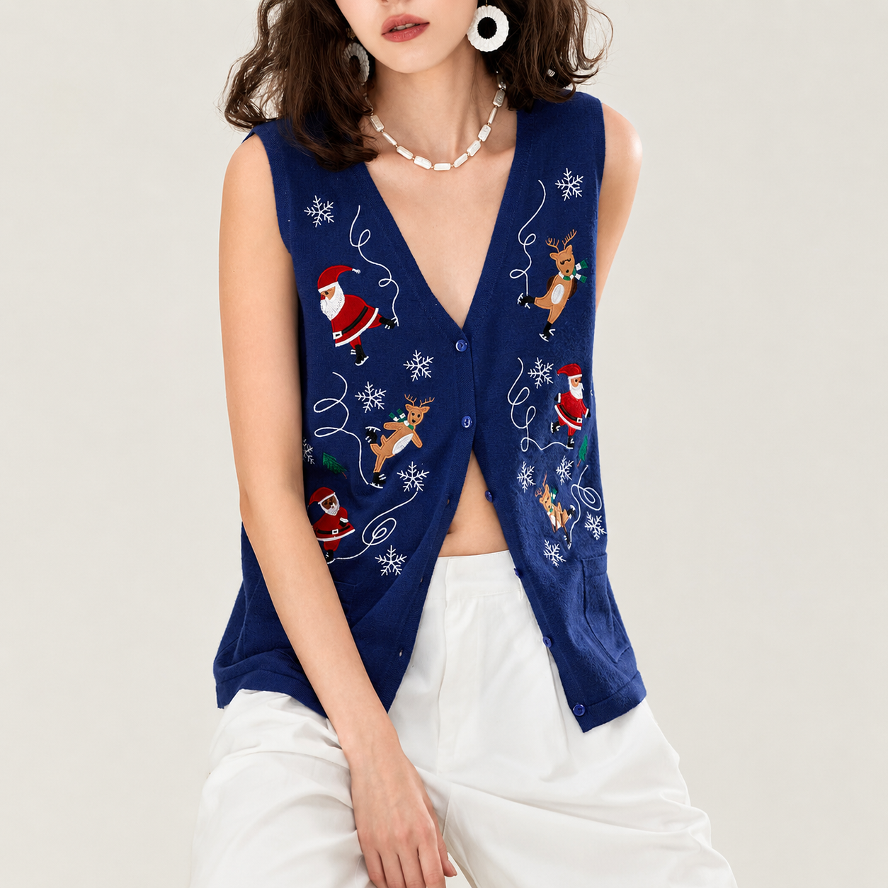 Sleeveless Embroidery Sweater Vest With Button For Women