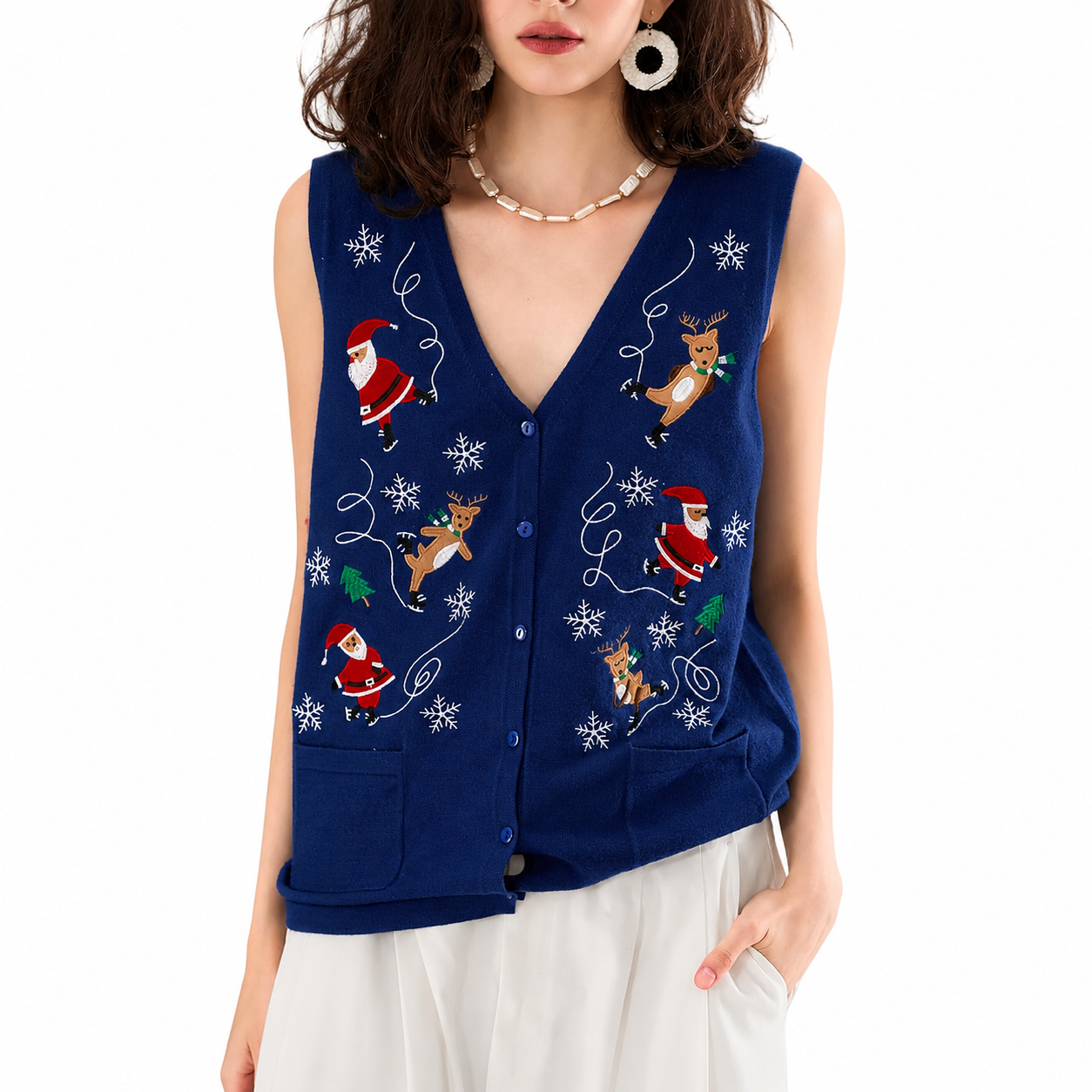 Sleeveless Embroidery Sweater Vest With Button For Women
