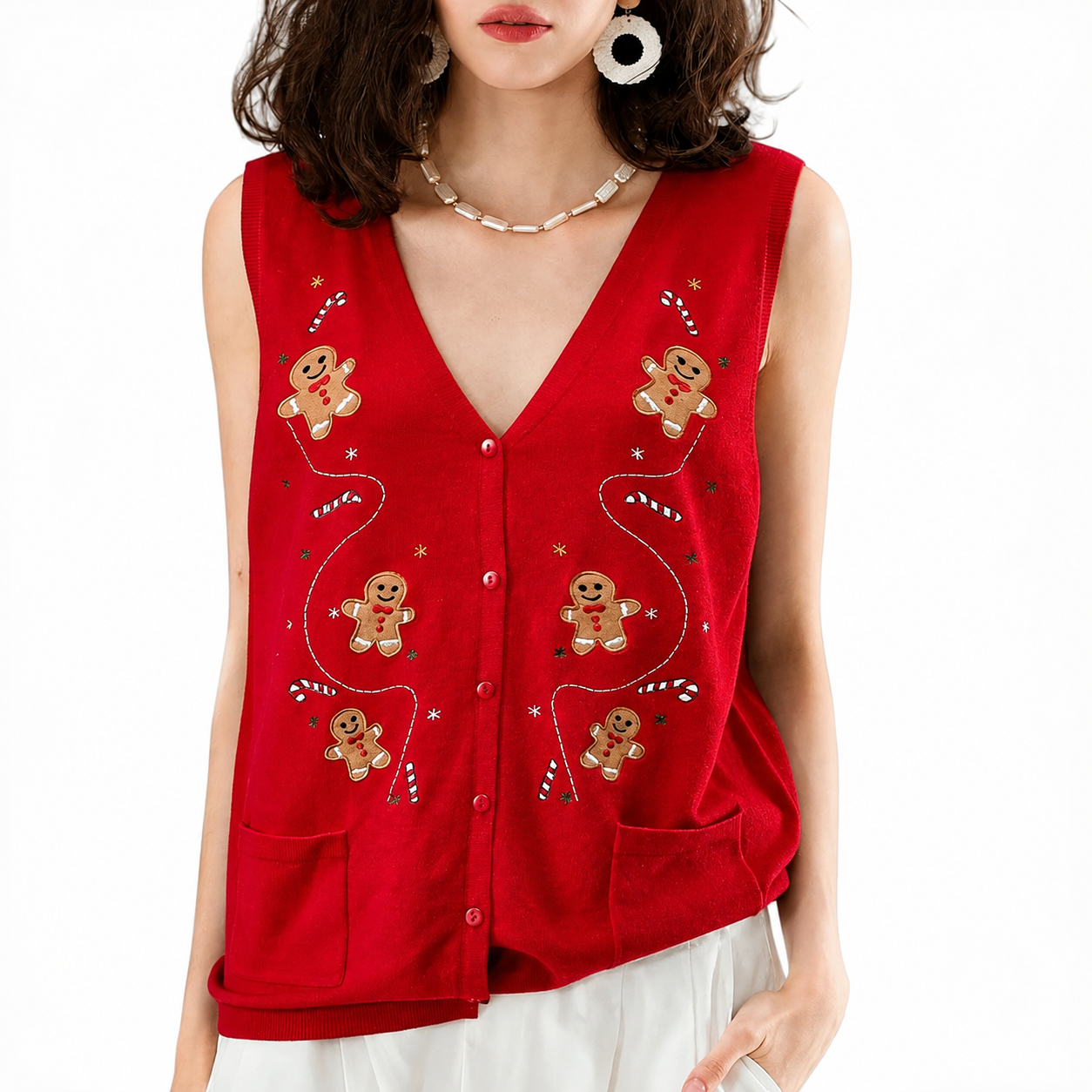 Sleeveless Embroidery Sweater Vest With Button For Women
