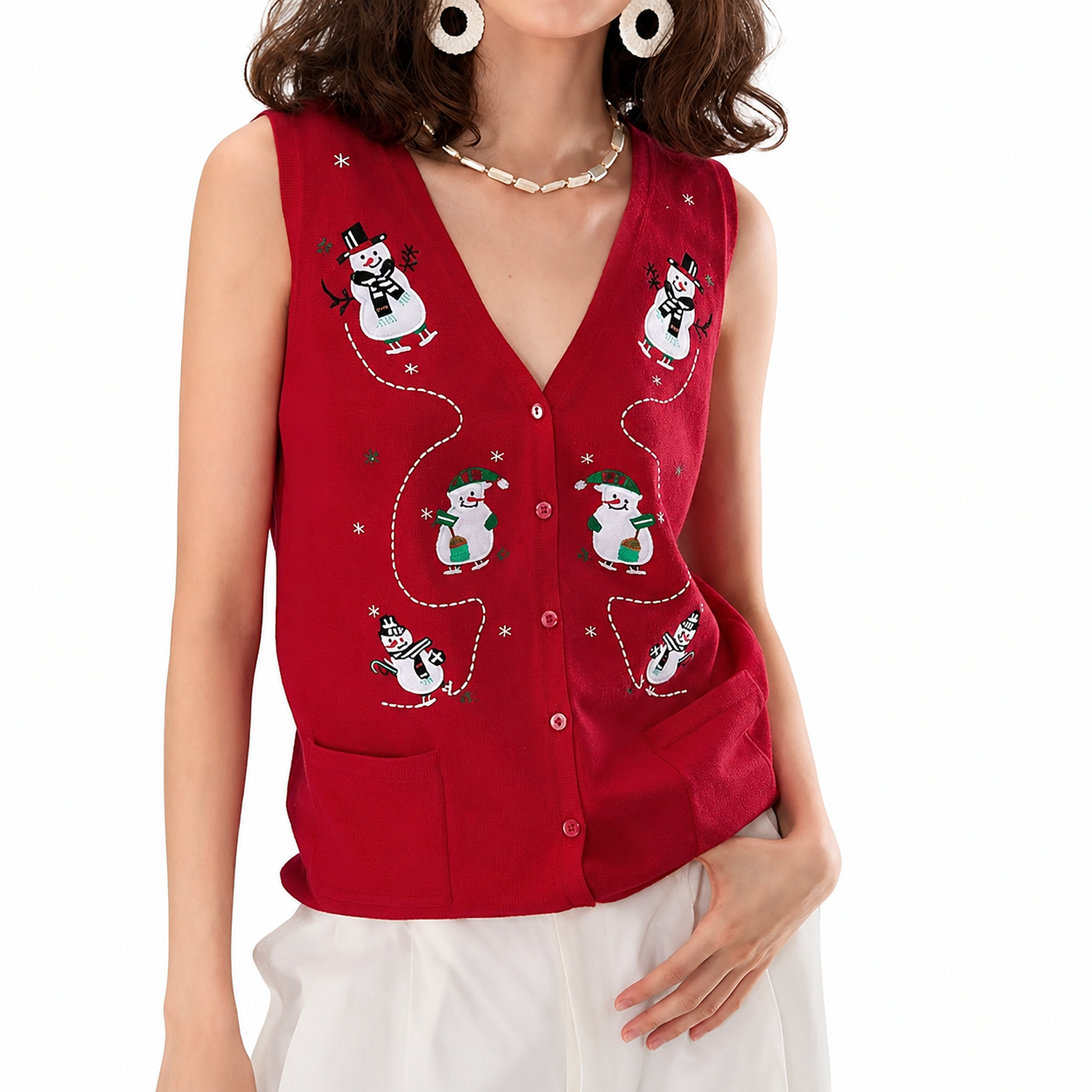 Sleeveless Embroidery Sweater Vest With Button For Women