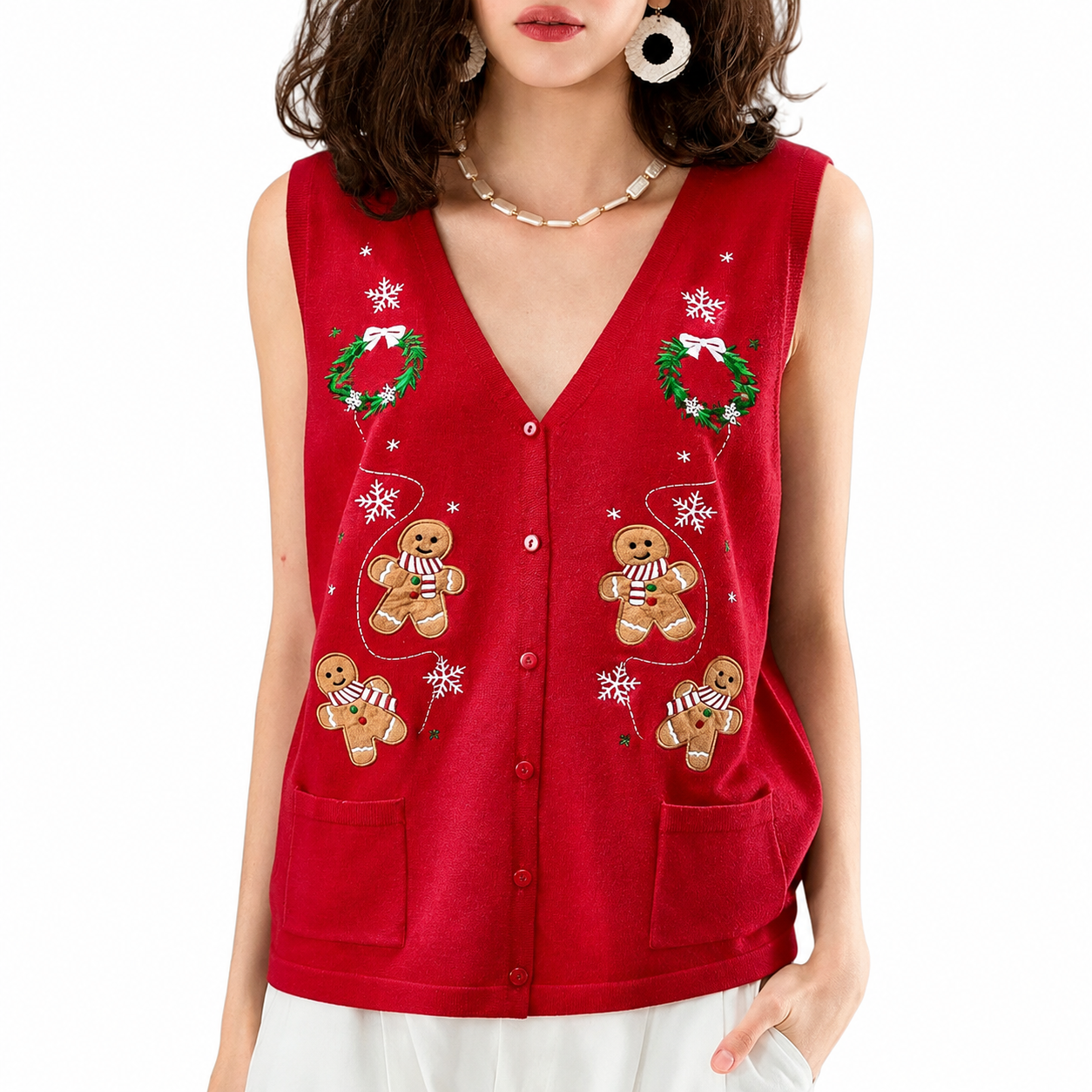 Sleeveless Embroidery Sweater Vest With Button For Women