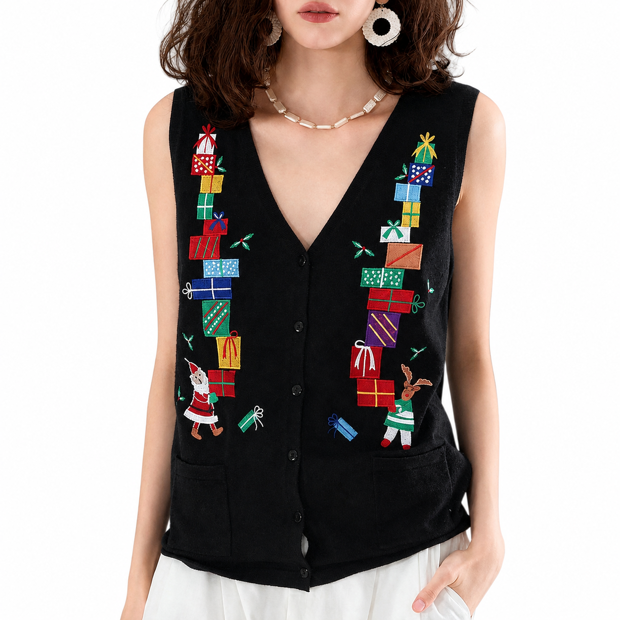 Sleeveless Embroidery Sweater Vest With Button For Women