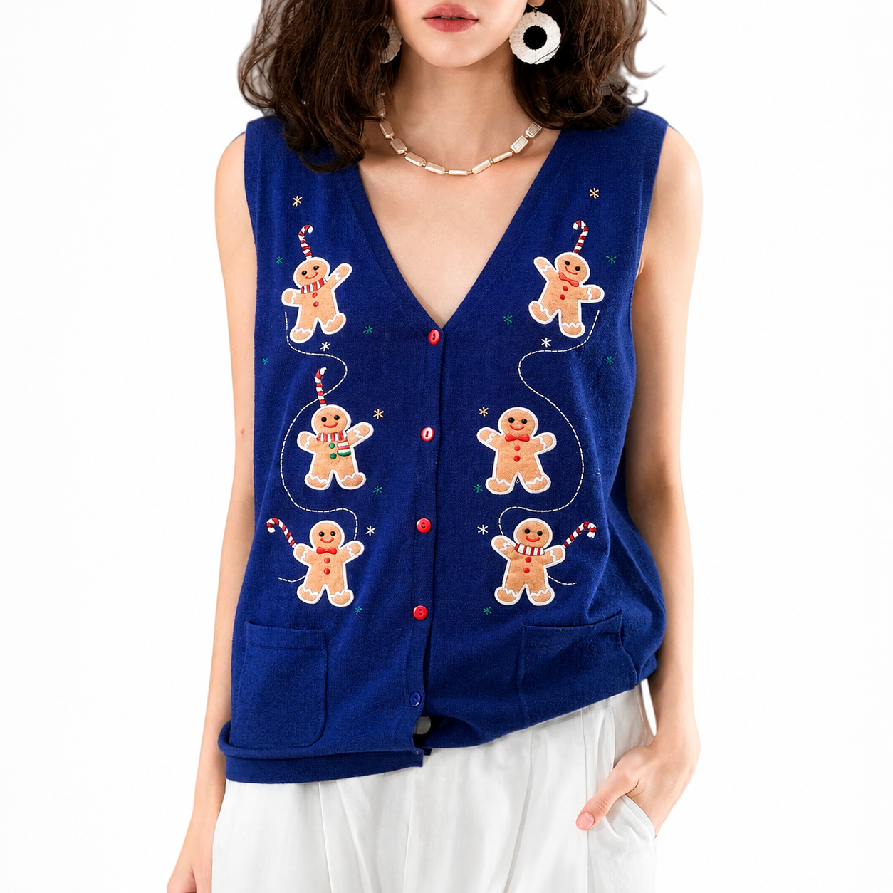 Sleeveless Embroidery Sweater Vest With Button For Women