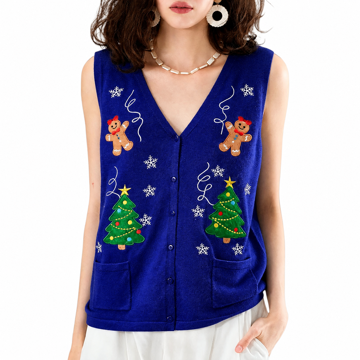Sleeveless Embroidery Sweater Vest With Button For Women
