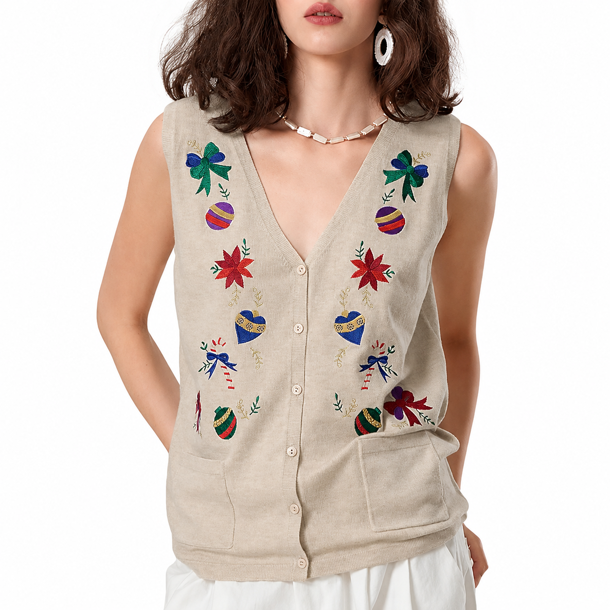 Sleeveless Embroidery Sweater Vest With Button For Women