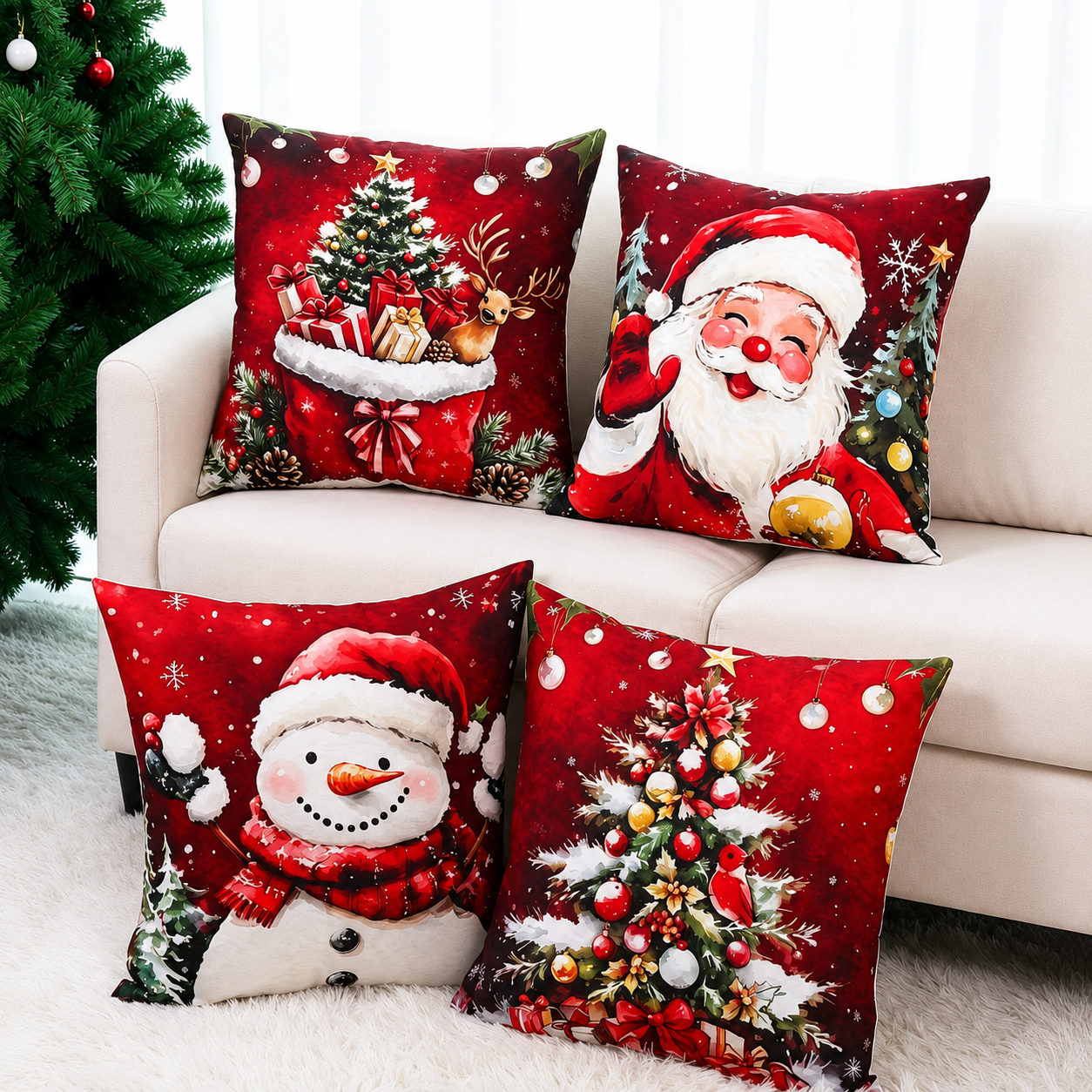 Pack of 4 Christmas Decorative Pillow Covers with Ornament and Tree Print for Holiday Home Decor