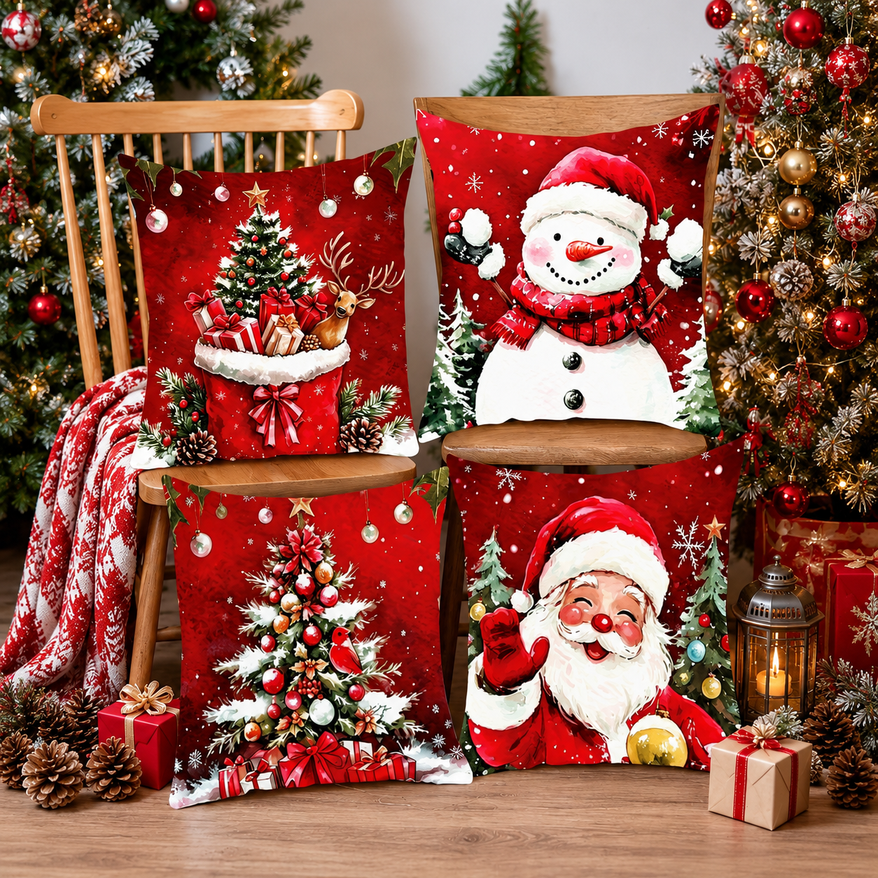 Pack of 4 Christmas Decorative Pillow Covers with Ornament and Tree Print for Holiday Home Decor