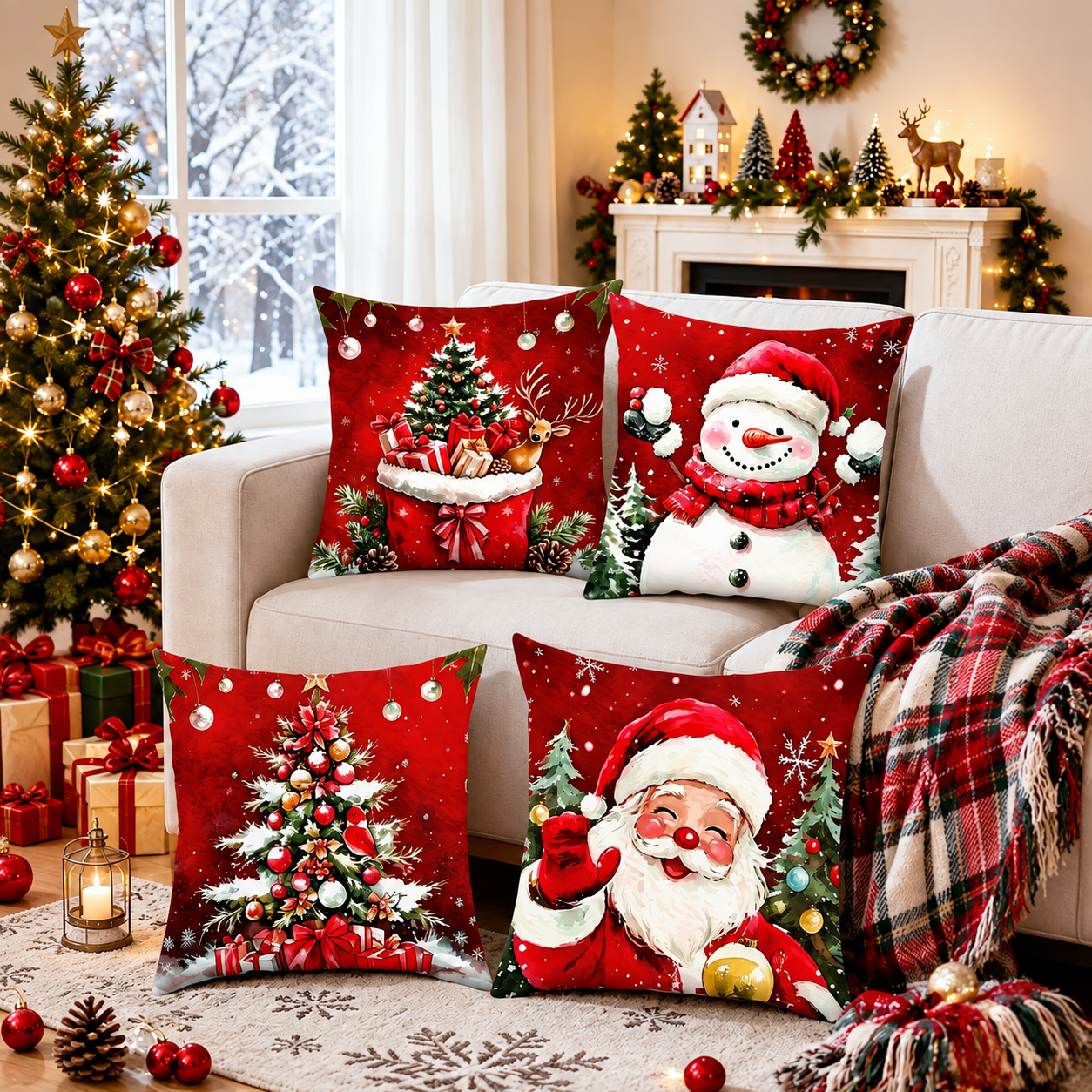 Pack of 4 Christmas Decorative Pillow Covers with Ornament and Tree Print for Holiday Home Decor