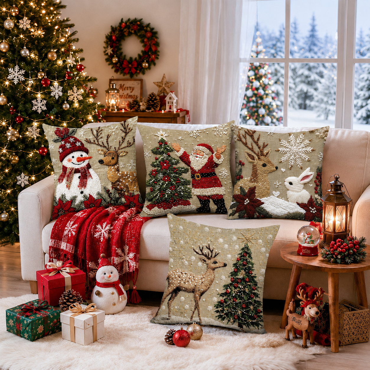 Pack of 4 Christmas Decorative Pillow Covers with Ornament and Tree Print for Holiday Home Decor