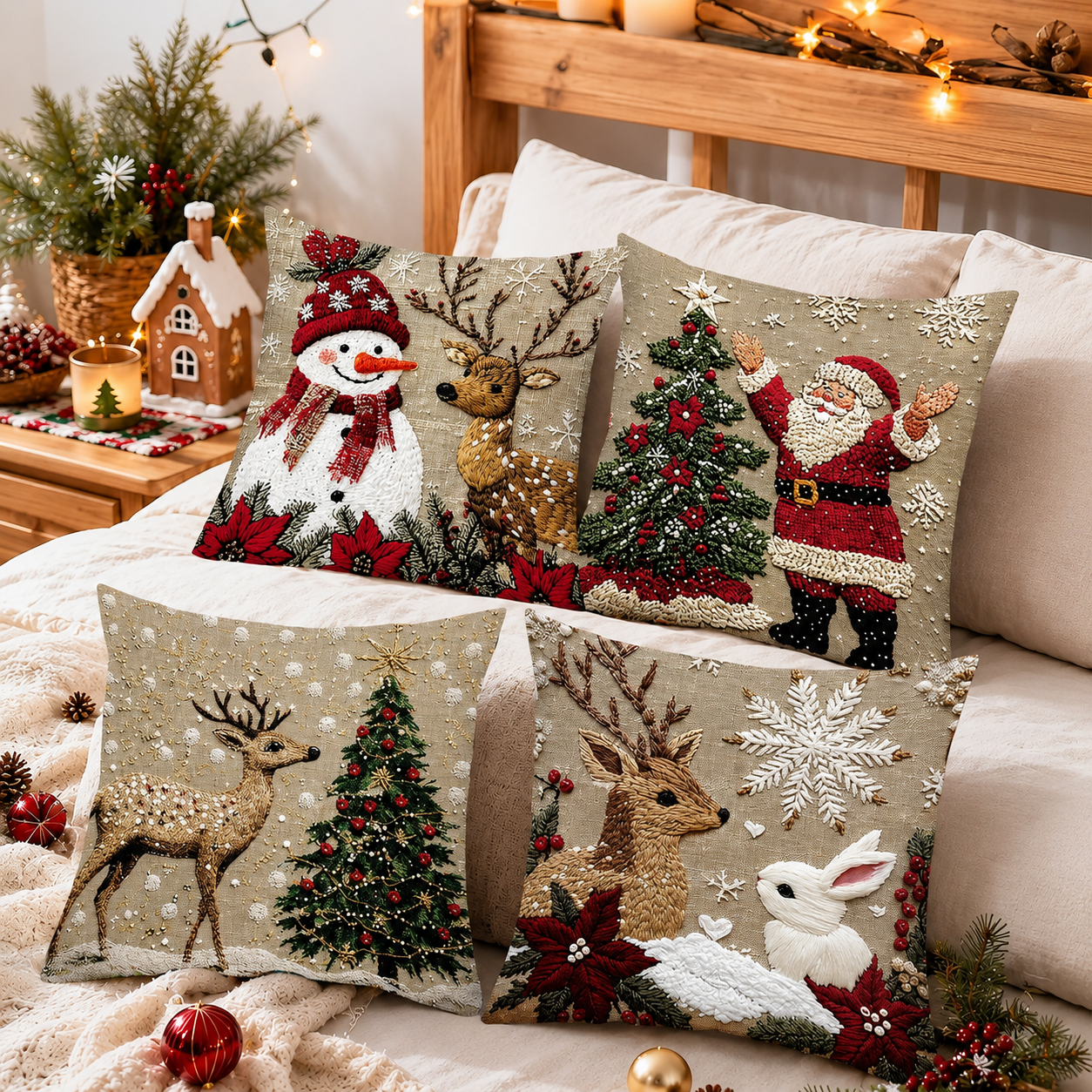 Pack of 4 Christmas Decorative Pillow Covers with Ornament and Tree Print for Holiday Home Decor