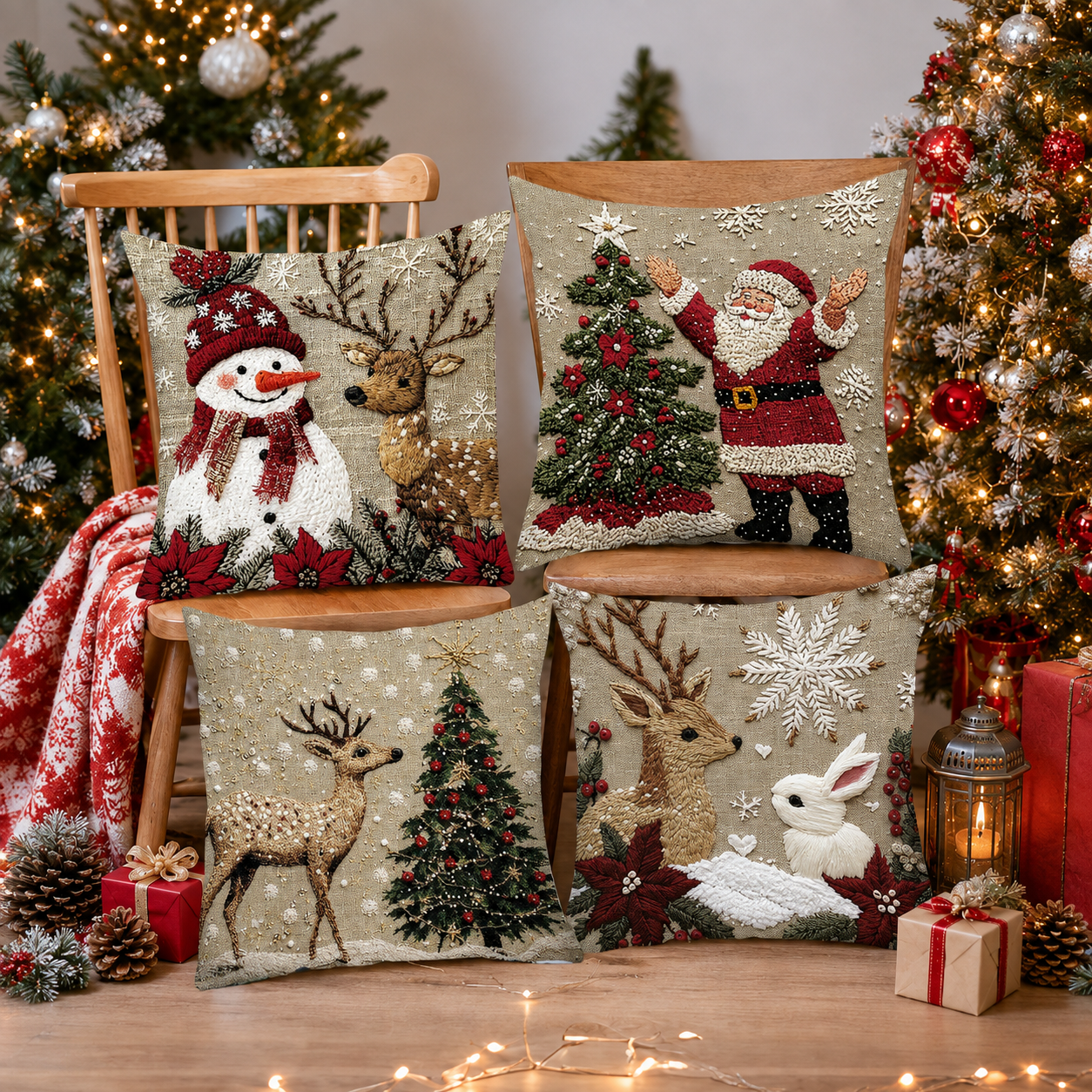 Pack of 4 Christmas Decorative Pillow Covers with Ornament and Tree Print for Holiday Home Decor