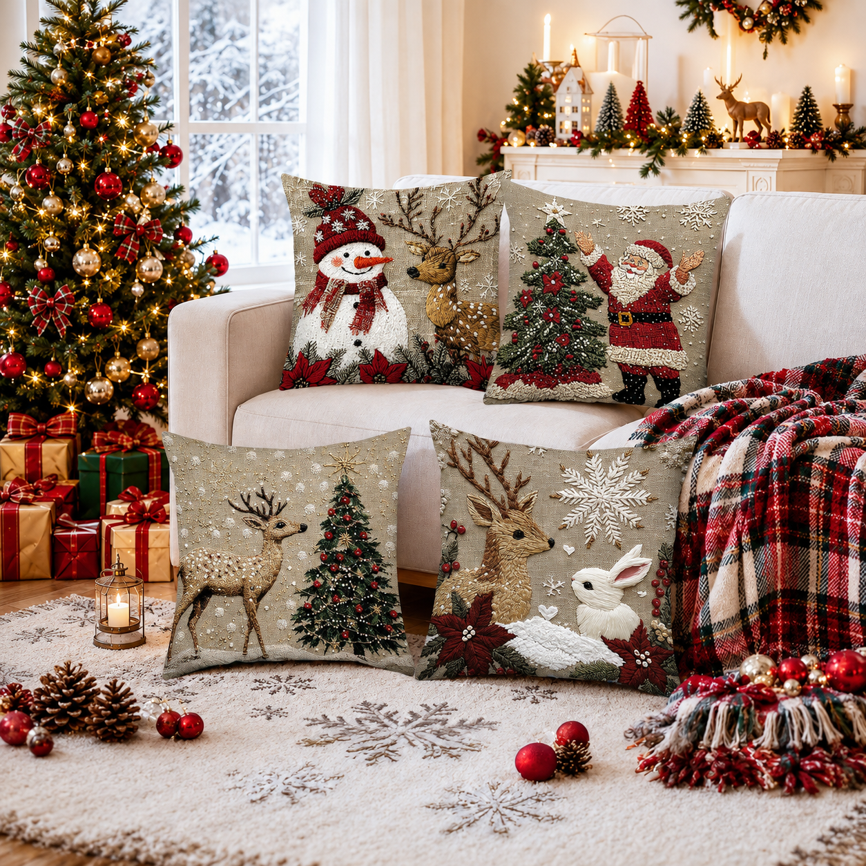 Pack of 4 Christmas Decorative Pillow Covers with Ornament and Tree Print for Holiday Home Decor