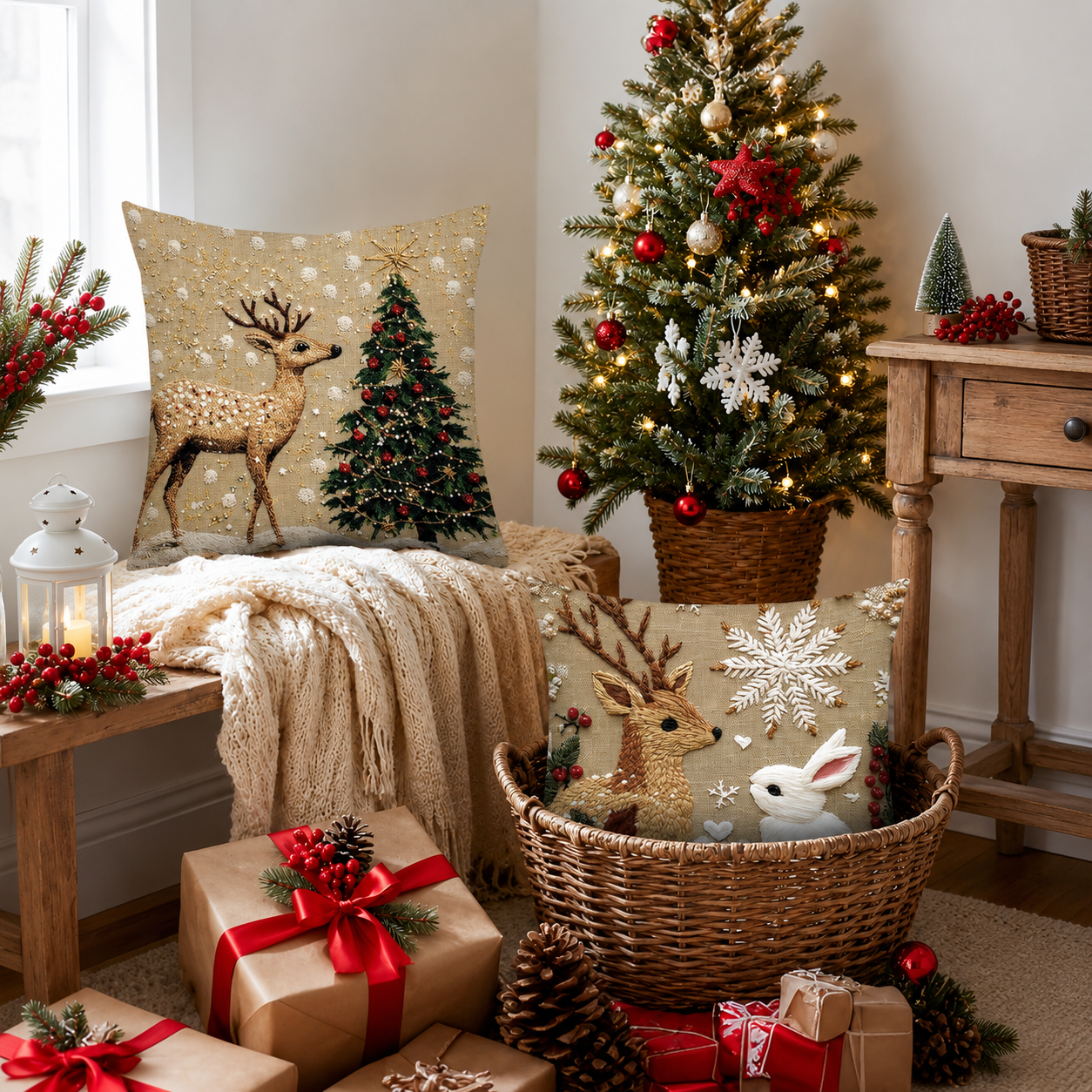 Pack of 4 Christmas Decorative Pillow Covers with Ornament and Tree Print for Holiday Home Decor