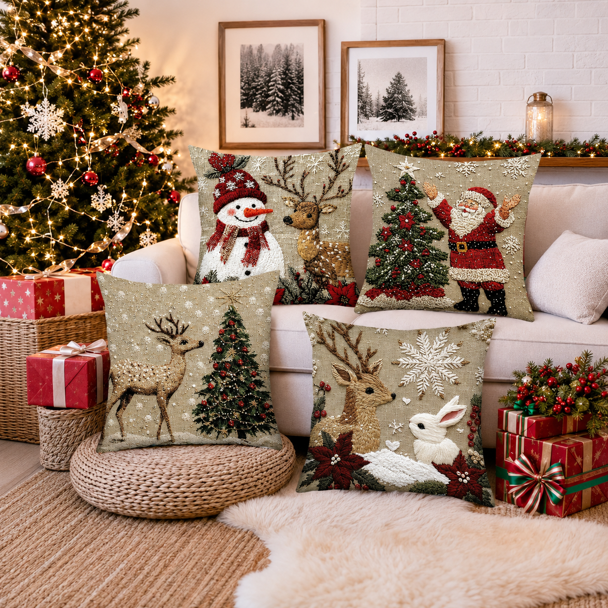 Pack of 4 Christmas Decorative Pillow Covers with Ornament and Tree Print for Holiday Home Decor