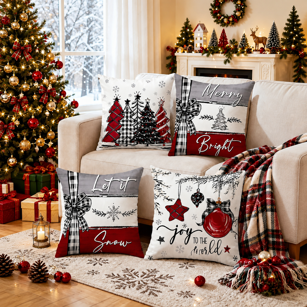 Pack of 4 Christmas Decorative Pillow Covers with Ornament and Tree Print for Holiday Home Decor