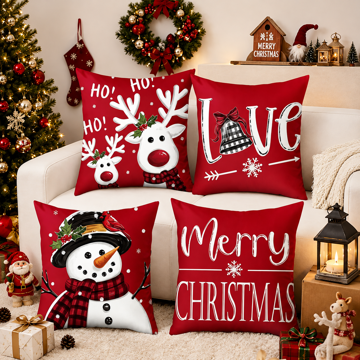 Pack of 4 Christmas Decorative Pillow Covers with Ornament and Tree Print for Holiday Home Decor