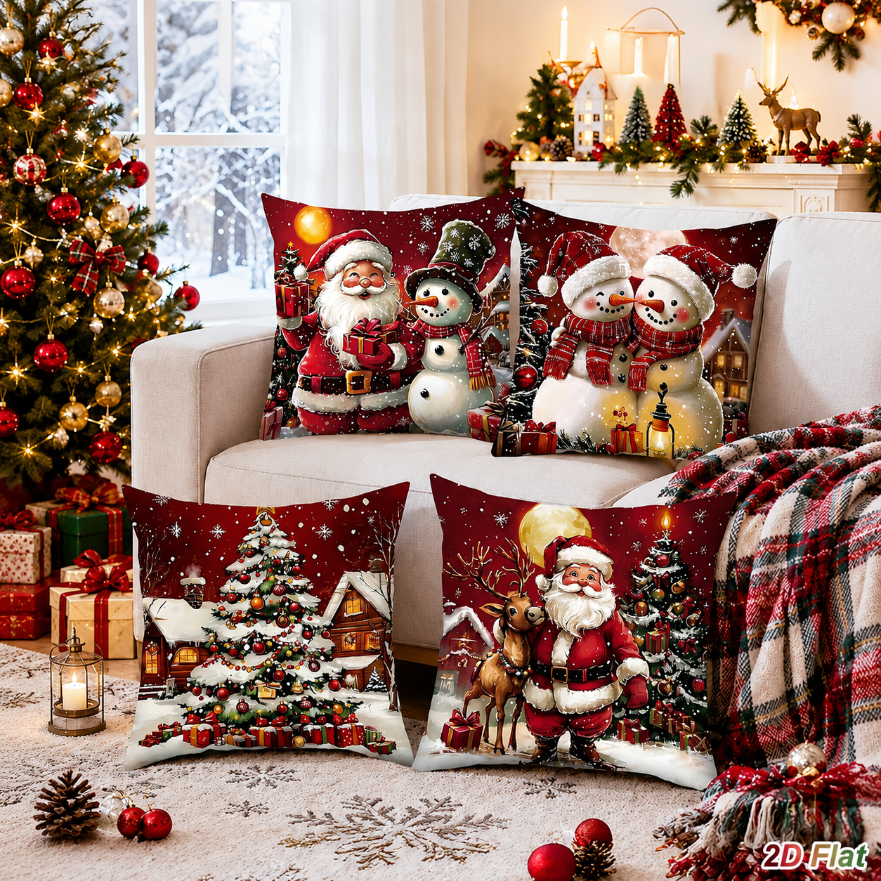 Pack of 4 Christmas Decorative Pillow Covers with Ornament and Tree Print for Holiday Home Decor