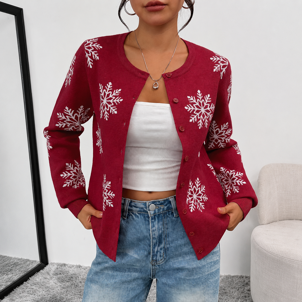 Christmas Snowflake Button Cardigan Sweater For Women