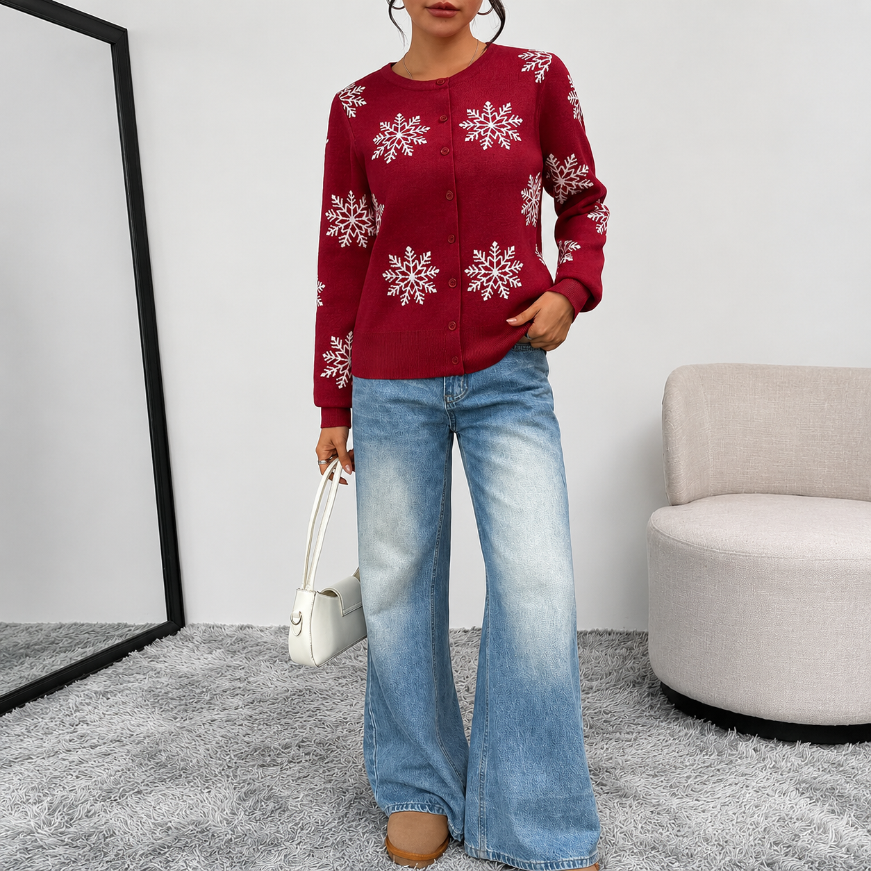 Christmas Snowflake Button Cardigan Sweater For Women