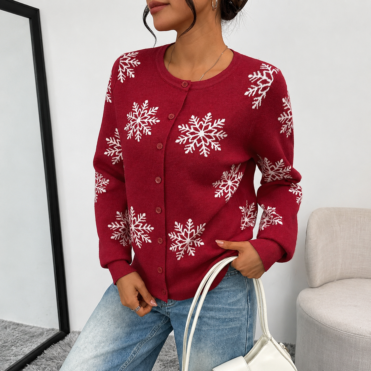 Christmas Snowflake Button Cardigan Sweater For Women